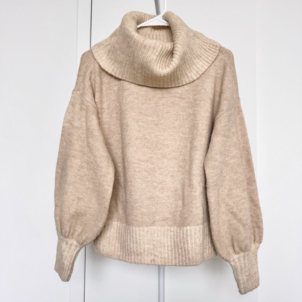 Express x Negin Mirsalehi Cowl Neck Sweater Turtleneck Balloon Sleeve Beige Fall